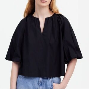 NWOT Madewell Women’s Bubble-Sleeve Top Poplin 8 Black V neck seam needs repair